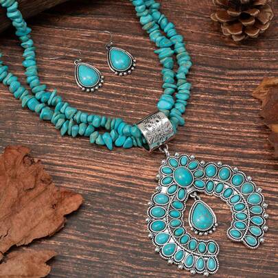 1set Retro Fashionable Bohemian Style Pumpkin Horseshoe Shape Copper Turquoise Necklace & Earrings, Accessory For Clothes, Suitable For Holidays, Popular