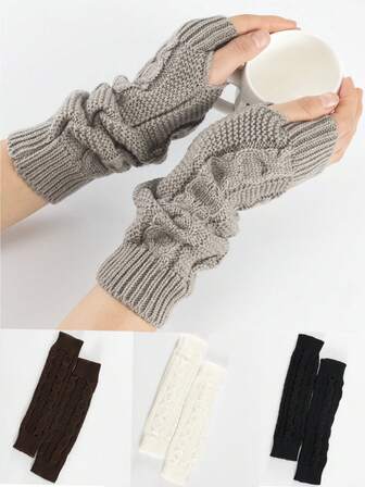 1 双女式纯色粗针织露指臂套，秋冬季半指针织腕袖手套