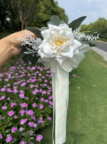 1 Stück Autospiegeldekoration für Hochzeit, Eukalyptus Blume für Stuhlrücken, Hochzeitsdekoration Flur, künstliche Rosenblume für Bambusstühle, Hochzeits- und Feiertagsdekoration Schleife, Hochzeitsauto Blumen
