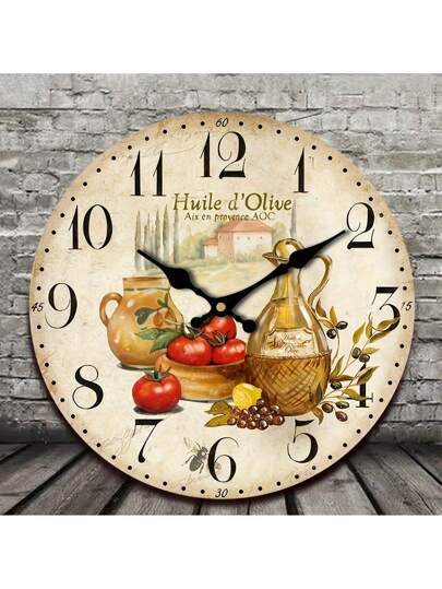 1pc Vintage Rustic Farmho Wooden ative Wand Klok Provencal Olive Oil Tomato Pattern, Quiet Quartz, Home In Living Room, Kitchen, Bedroom, Office, Garden Cooking Enthusiast Available 10", 12", 14", 16" (No Battery Included),Home ,Room Birthday Graduation Bedroom Dormitory Back To School