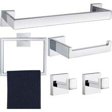 5 Pieces Bathroom Hardware Accessories Set Polished Chrome, 16Inch Bathroom Towel Rack Set SUS304 Stainless Steel, Square Bath Towel Bar Set Heavy Duty, Wall Mounted - 銀色 - 查看 1