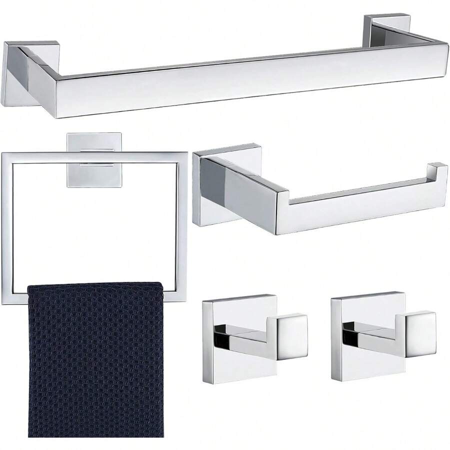 5 Pieces Bathroom Hardware Accessories Set Polished Chrome, 16Inch Bathroom Towel Rack Set SUS304 Stainless Steel, Square Bath Towel Bar Set Heavy Duty, Wall Mounted - 銀色 - 查看 1