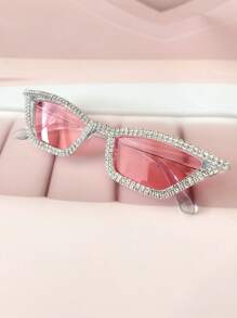 1pc Women Rhinestone Embellished Rosy Pink Bridal Glasses Fashion Glasses, Crystal Decor Cute Cat Eye For Wedding, Party, Beach, Music Festival, Selfie Travel (Includes Cleaning Cloth) Halloween Basics Fall Winter Women Outfits Clothes Business Casual Gifts Y2k Valentine's Day Valentines For Summer Beach Vacation,Outdoor,Travel - 透藍框/粉紅色鏡片 - 查看 3