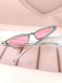 1pc Women Rhinestone Embellished Rosy Pink Bridal Glasses Fashion Glasses, Crystal Decor Cute Cat Eye For Wedding, Party, Beach, Music Festival, Selfie Travel (Includes Cleaning Cloth) Halloween Basics Fall Winter Women Outfits Clothes Business Casual Gifts Y2k Valentine's Day Valentines For Summer Beach Vacation,Outdoor,Travel - 透藍框/粉紅色鏡片 - 查看 5