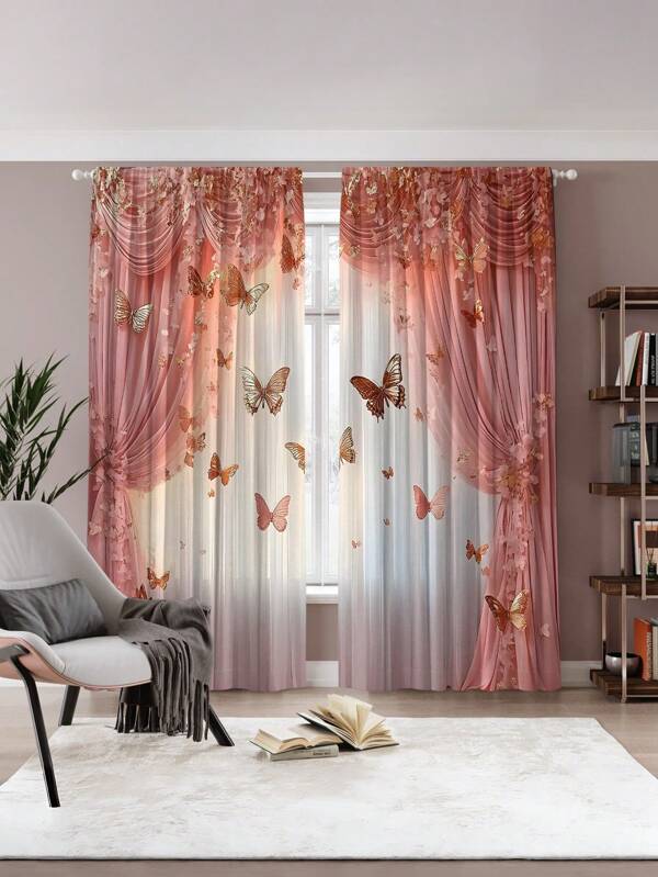 Set 2 buc. Perdele cu imprimeu trandafir roz și fluturi - microfibră moale, design cu buzunar pentru tijă, agățat ușor - excelent pentru camera de zi, dormitor sau decor de studiu