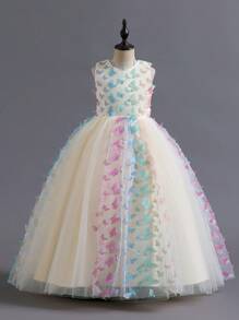 Tween Girl 香槟色 3D 蝴蝶装饰蓬蓬裙、花童婚纱、户外派对可爱花童礼服、表演服 - 香檳色 - 查看 1