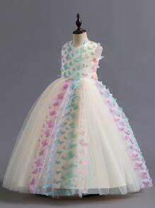 Tween Girl 香槟色 3D 蝴蝶装饰蓬蓬裙、花童婚纱、户外派对可爱花童礼服、表演服 - 香檳色 - 查看 3