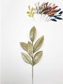 8pcs Christmas Wedding Decor Sparkling Golden Powder Artificial 6-Leaf Olive Leaves, Indoor Home Christmas Tree Wreath Decor, Photography Props, Winter Party, Christmas Decoration,Christmas