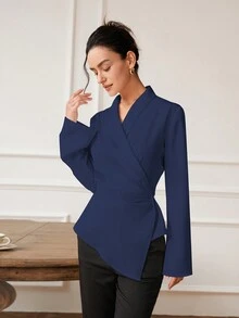 Women's French Chic Fitted Pleated V-Neck Blouse - Navy Blue - View 5