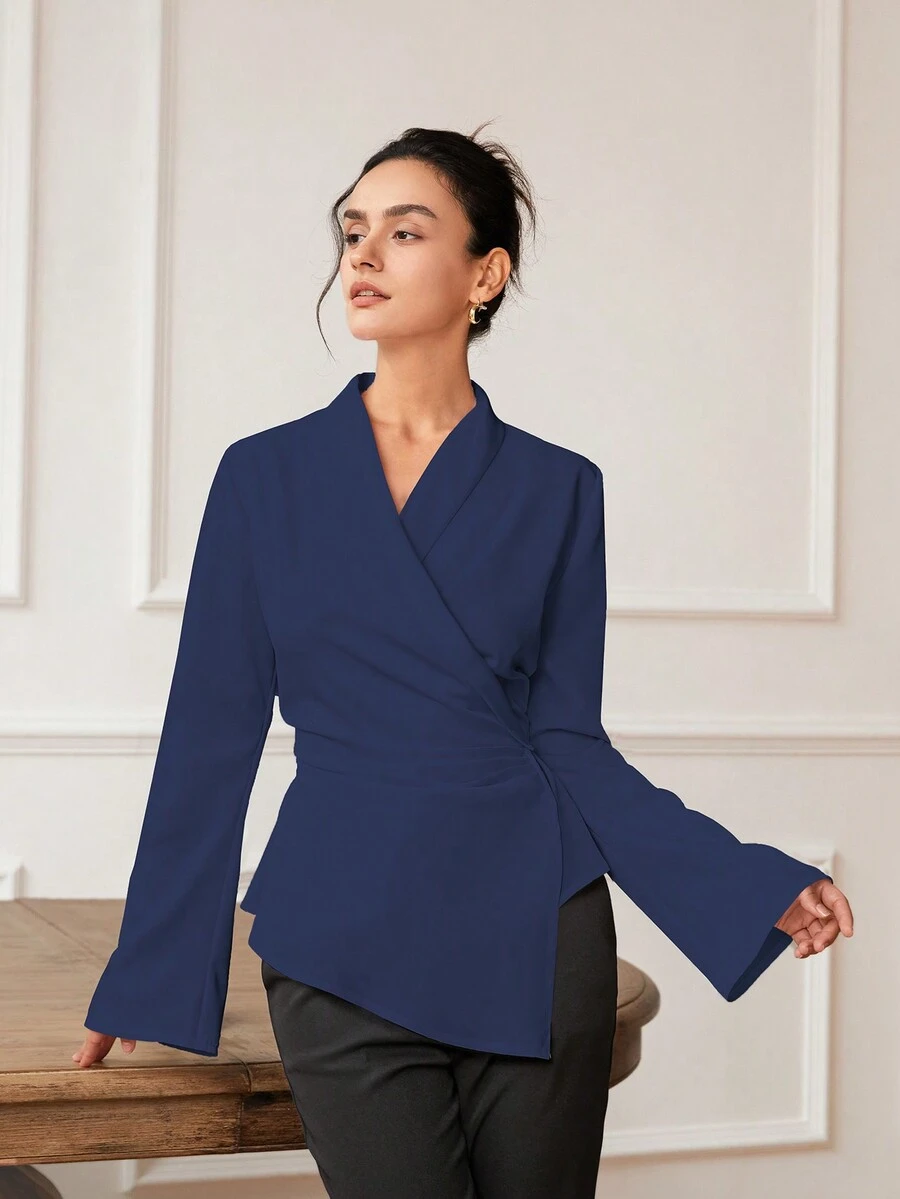 Women's French Chic Fitted Pleated V-Neck Blouse - Navy Blue - View 1