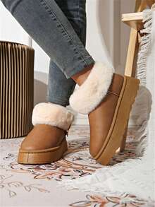 棕色厚底女士雪地靴，2024 年冬季新款保暖内衬，厚皮革鞋面，时尚百搭冬鞋 - 黑色 - 查看 1