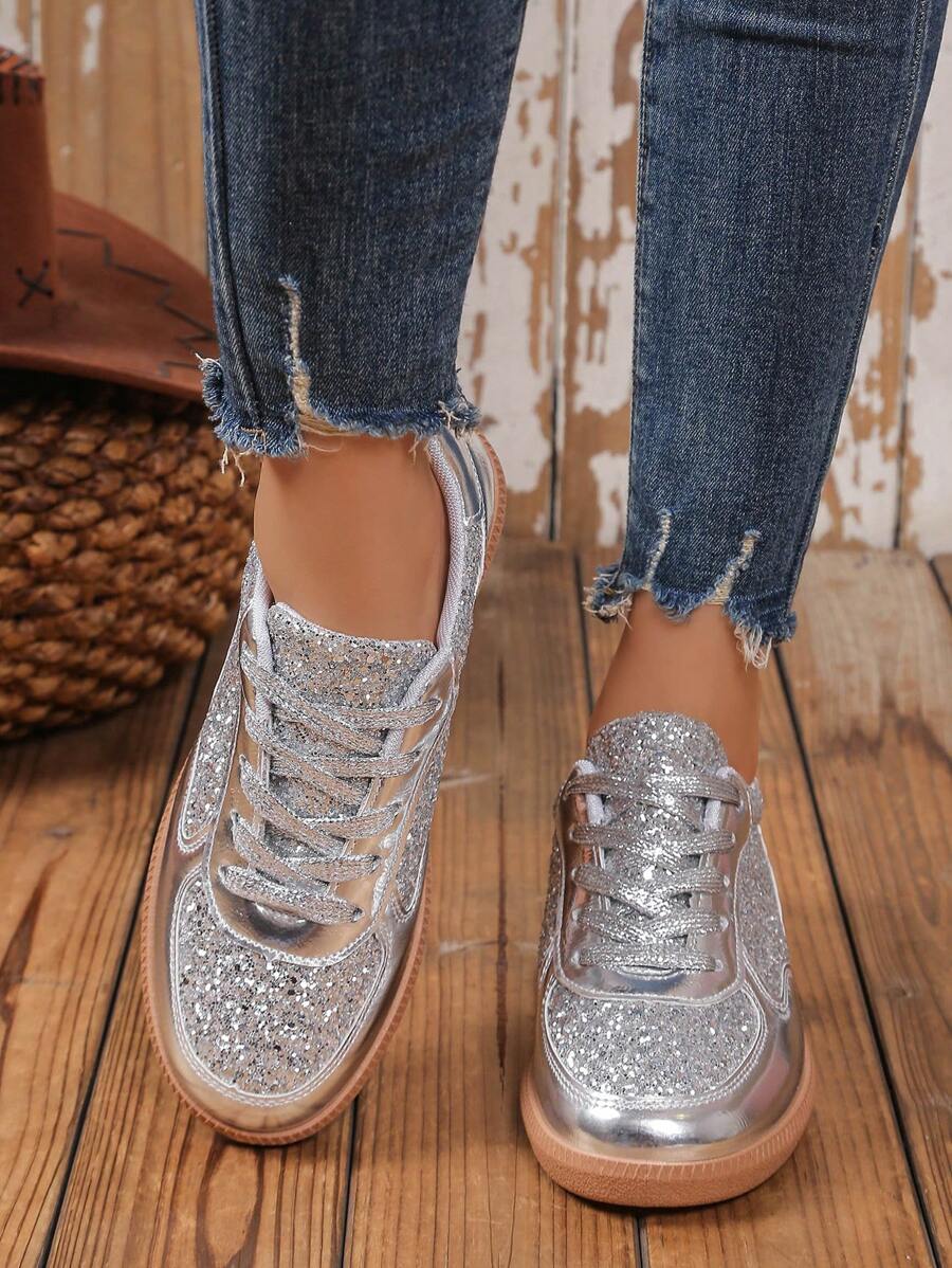 Sapatos Femininos Com Strass, Calçados Baixos Com Cadarço, Confortáveis, Versáteis E Modernos Para Estudantes, Primavera/Outono - Prata - Ver 1