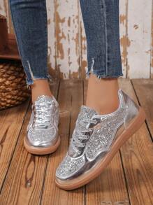 Sapatos Femininos Com Strass, Calçados Baixos Com Cadarço, Confortáveis, Versáteis E Modernos Para Estudantes, Primavera/Outono - Prata - Ver 2