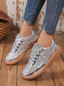 Sapatos Femininos Com Strass, Calçados Baixos Com Cadarço, Confortáveis, Versáteis E Modernos Para Estudantes, Primavera/Outono - Prata - Ver 5