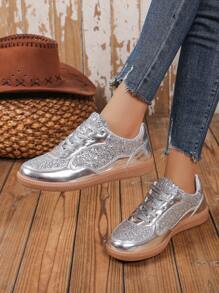 Sapatos Femininos Com Strass, Calçados Baixos Com Cadarço, Confortáveis, Versáteis E Modernos Para Estudantes, Primavera/Outono - Prata - Ver 4