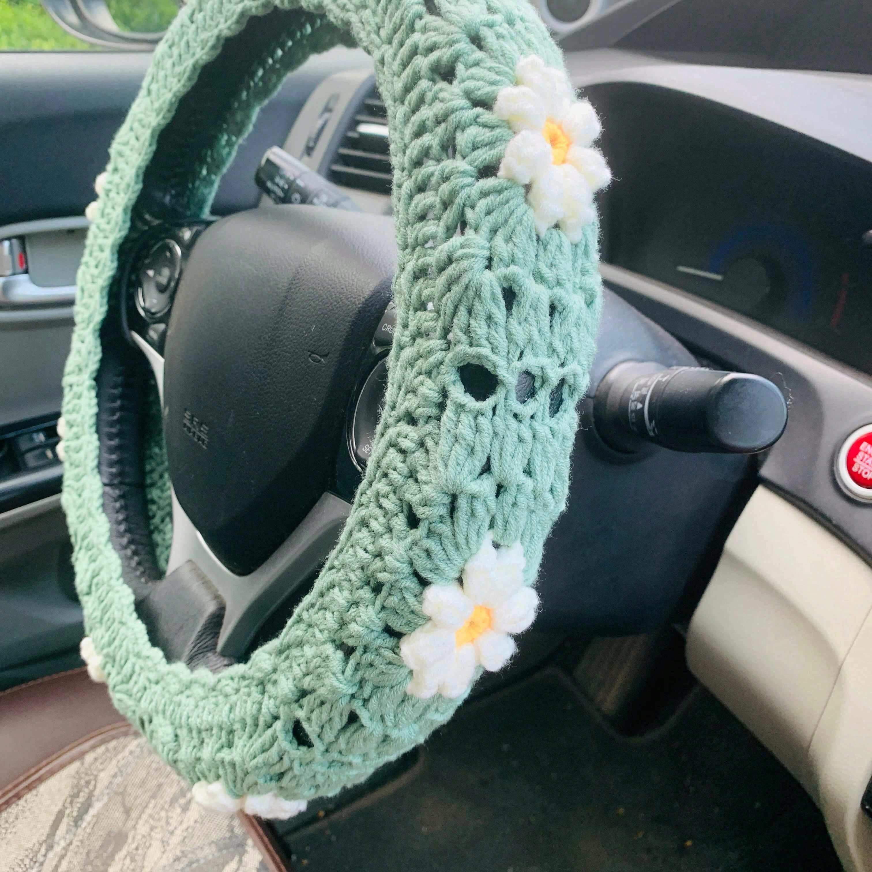 Handmade Crochet Puff Steering Wheel Cover And Seatbelt Cover Car