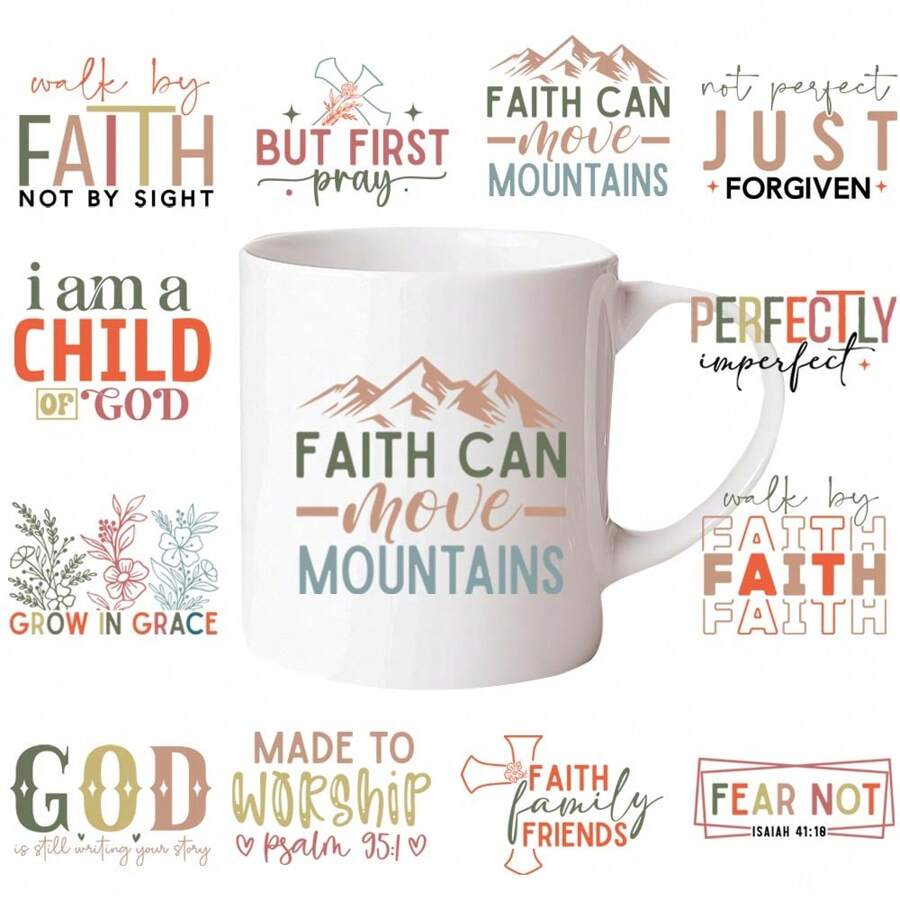12pcs/Set Christian Quote Designed DIY Glass Bottle Sticker Pack, Coffee Mug UV DTF Waterslide Decals - Multicolor - View 1