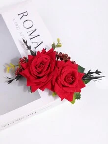 1 件装女士人造玫瑰花海滨度假发梳，适合盘发发型，优雅万圣节 - 紅色 - 查看 3
