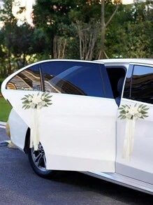 1 Stück Autospiegeldekoration für Hochzeit, Eukalyptus Blume für Stuhlrücken, Hochzeitsdekoration Flur, künstliche Rosenblume für Bambusstühle, Hochzeits- und Feiertagsdekoration Schleife, Hochzeitsauto Blumen