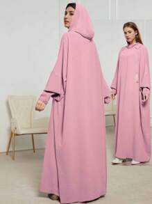 1 pieza Abaya de estilo de moda de Dubai con capucha, de color liso y arrugado de gasa, talla grande, adecuado para uso diario en primavera, verano y otoño, para mujeres