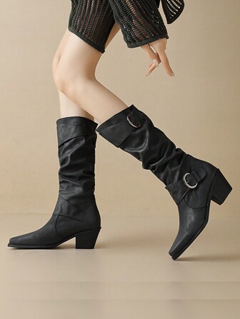Fashionable Women's Pleated High Heel Mid-Calf Cowboy Boots, Motorcycle Boots, Versatile Loose Mid-Calf Wrinkle Boots, Easy On/Off, Plus Size Women's Shoes