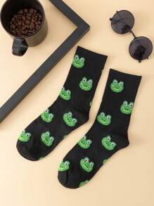 1pair Women Socks Black Frog Patterned Fashionable Versatile Soft Comfortable Mid Calf Socks - Multicolor - View 1