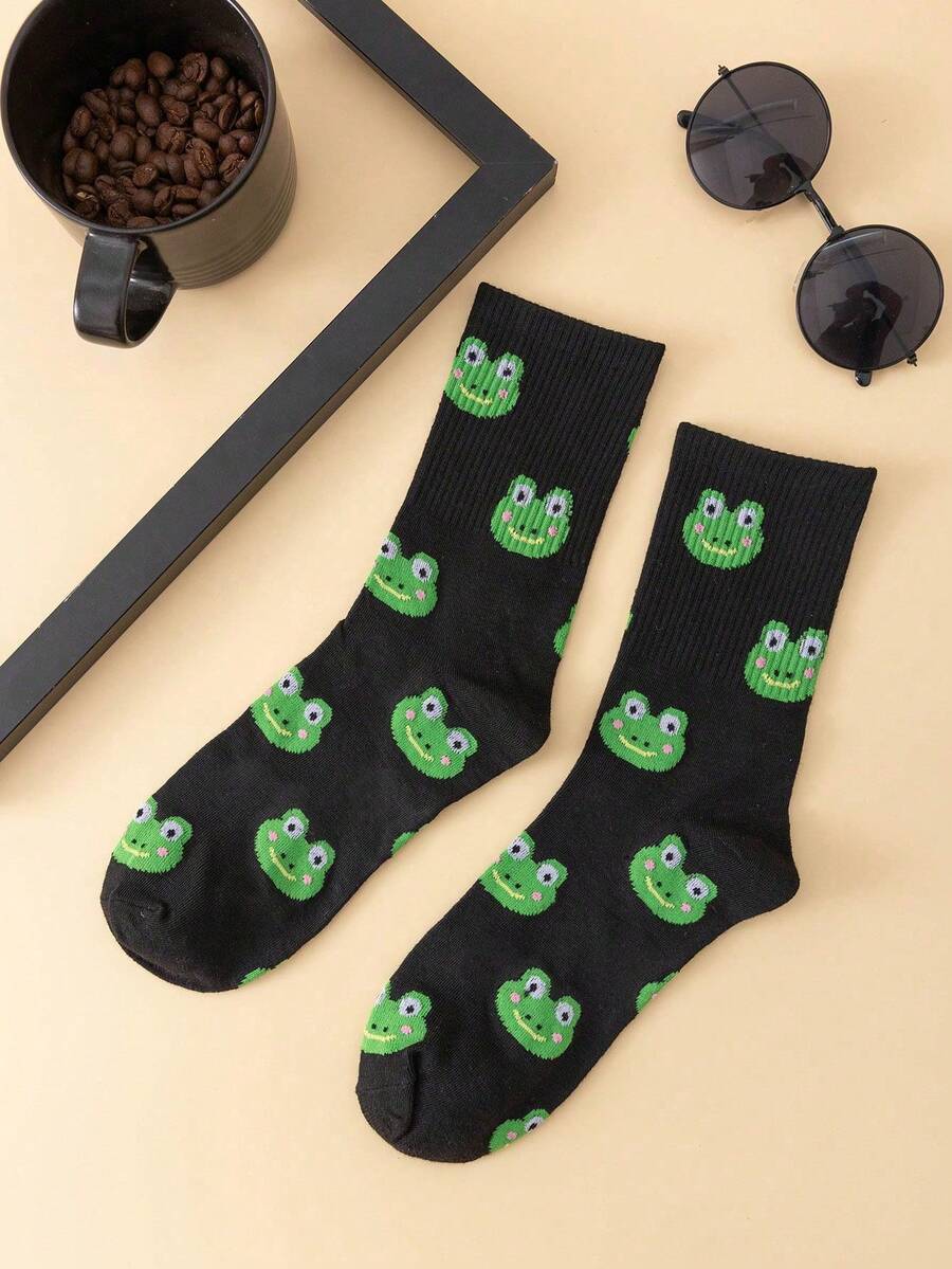 1pair Women Socks Black Frog Patterned Fashionable Versatile Soft Comfortable Mid Calf Socks - Multicolor - View 1