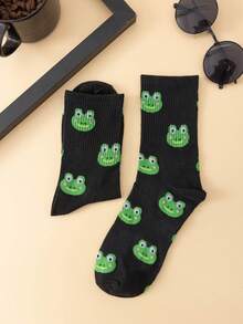 1pair Women Socks Black Frog Patterned Fashionable Versatile Soft Comfortable Mid Calf Socks - Multicolor - View 4