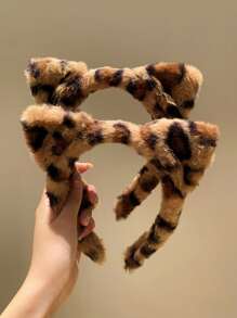1/2pcs Plush Leopard Print Headband, Headwrap, Hair Hoop, Cat Ear Headband For Party Wear, Women Hair Accessories - Multicolor - View 1