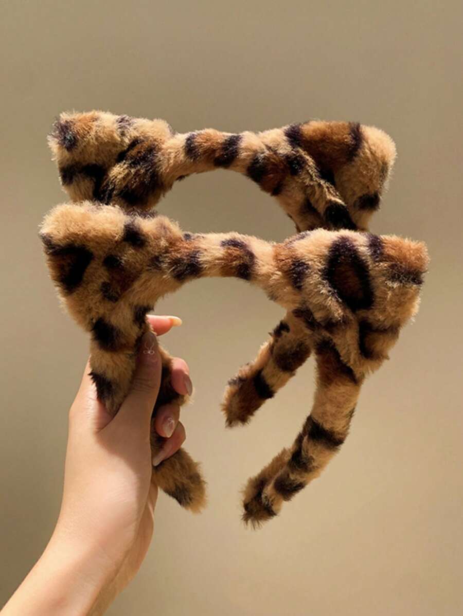 1/2pcs Plush Leopard Print Headband, Headwrap, Hair Hoop, Cat Ear Headband For Party Wear, Women Hair Accessories - Multicolor - View 1