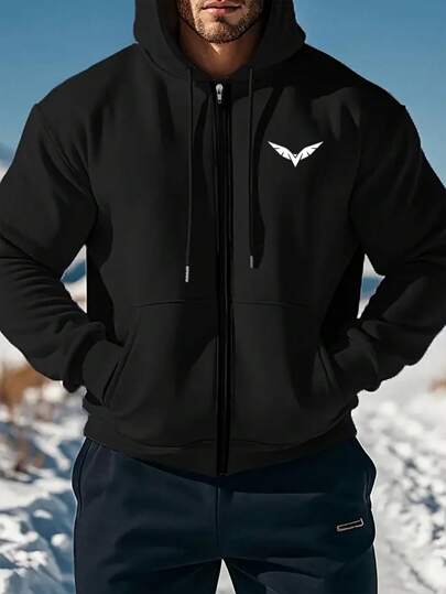 Plus Size Men's Hoodie Sweatshirt, Casual Versatile Zip-Up Hooded Sweatshirt With Adjustable Drawstring, Simple Graphic Print, For Fall, Long Sleeve Top