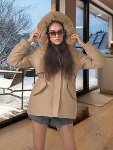 Nueva chaqueta abrigo de invierno cálida e impermeable con cuello de piel y capucha, forro térmico en el interior. Chaqueta cortavientos con cordón en la cintura y diseño de logotipo de copo de nieve en la espalda, una prenda exterior muy a la moda