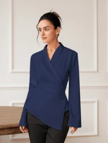 Women's French Chic Fitted Pleated V-Neck Blouse - Navy Blue - View 4