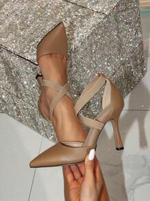 女士优雅尖头高跟鞋，带松紧带，适合派对和晚礼服 - 棕色 - 查看 1