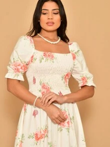 Helena Midi Dress With Printed Crepe Lastex Stitching And Short Sleeves - 米色 - 查看 3