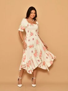 Helena Midi Dress With Printed Crepe Lastex Stitching And Short Sleeves - 米色 - 查看 5