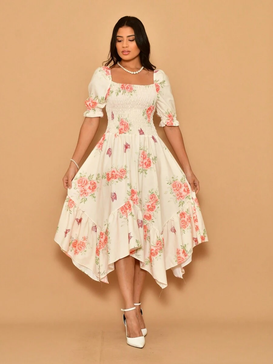 Helena Midi Dress With Printed Crepe Lastex Stitching And Short Sleeves - 米色 - 查看 1
