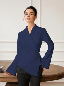Women's French Chic Fitted Pleated V-Neck Blouse - Navy Blue - View 6