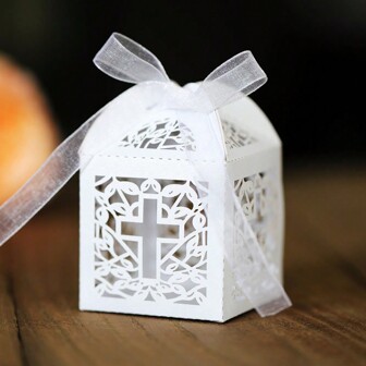 25pcs Cross Candy Box Laser Cut Sweets Gift Favor Boxes With Ribbon Party Decoration Wedding Birthday Baptism Gifts For Guests Party Favors