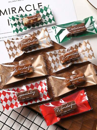 100pcs Transparent English Text Candy Package Bags For Toffee, Salted Almond Nougat, Coffee Candy, Heat Seal Sweets Pouches