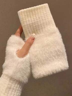 1 Paar neue Mink Fleece Halbfinger Handschuhe für Frauen, weiche Winterwärme, luxuriöse, einfarbige, flauschige, gestrickte fingerlose Handschuhe