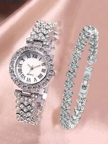 2 件套女士简约罗马数字小表盘全水钻钢带石英表 + 心形水钻手链，适合生日礼物、万圣节礼物、年终促销