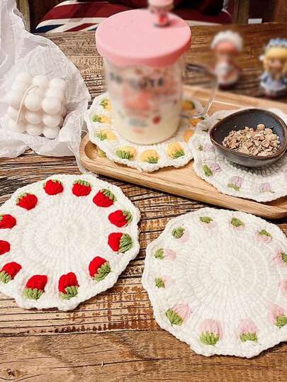 Round Knitted Strawberry Table Place Mat Pad Crochet Placemat Cup Tea Coaster Handmade Cup Mat Wedding Kitchen Table Mat