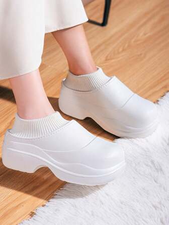 Women's Round Toe Winter Warm Lined Winter Shoes, Indoor & Outdoor Super High Heel Mules, Slip-On Back Counter, Outdoor Snow Boots With Anti-Slip Soft Sole, Lightweight & Comfortable Waterproof Platform Slippers, White