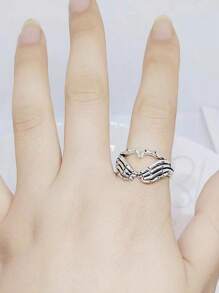 Anel vintage com cabeça de lobo, anel de dedo aberto personalizado com estampa de animal exagerado e feroz, estilo hip-hop | Anel vintage com gesto de coração retrô | Anel dominador com combinação de mão e caveira retrô