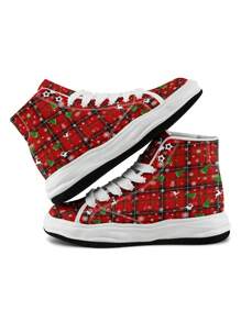 女士舒适软底防滑耐用高帮户外运动鞋，格子水彩图案，适合秋冬季圣诞礼物 - 白色 - 查看 10