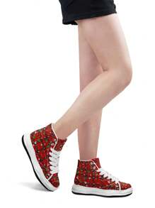 女士舒适软底防滑耐用高帮户外运动鞋，格子水彩图案，适合秋冬季圣诞礼物 - 白色 - 查看 2