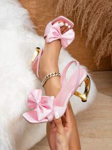 春夏女士舒适时尚派对缎面粉色方头蝴蝶结套脚高跟凉鞋，饰有心形镀金装饰，情人节款 - 粉色 - 查看 1