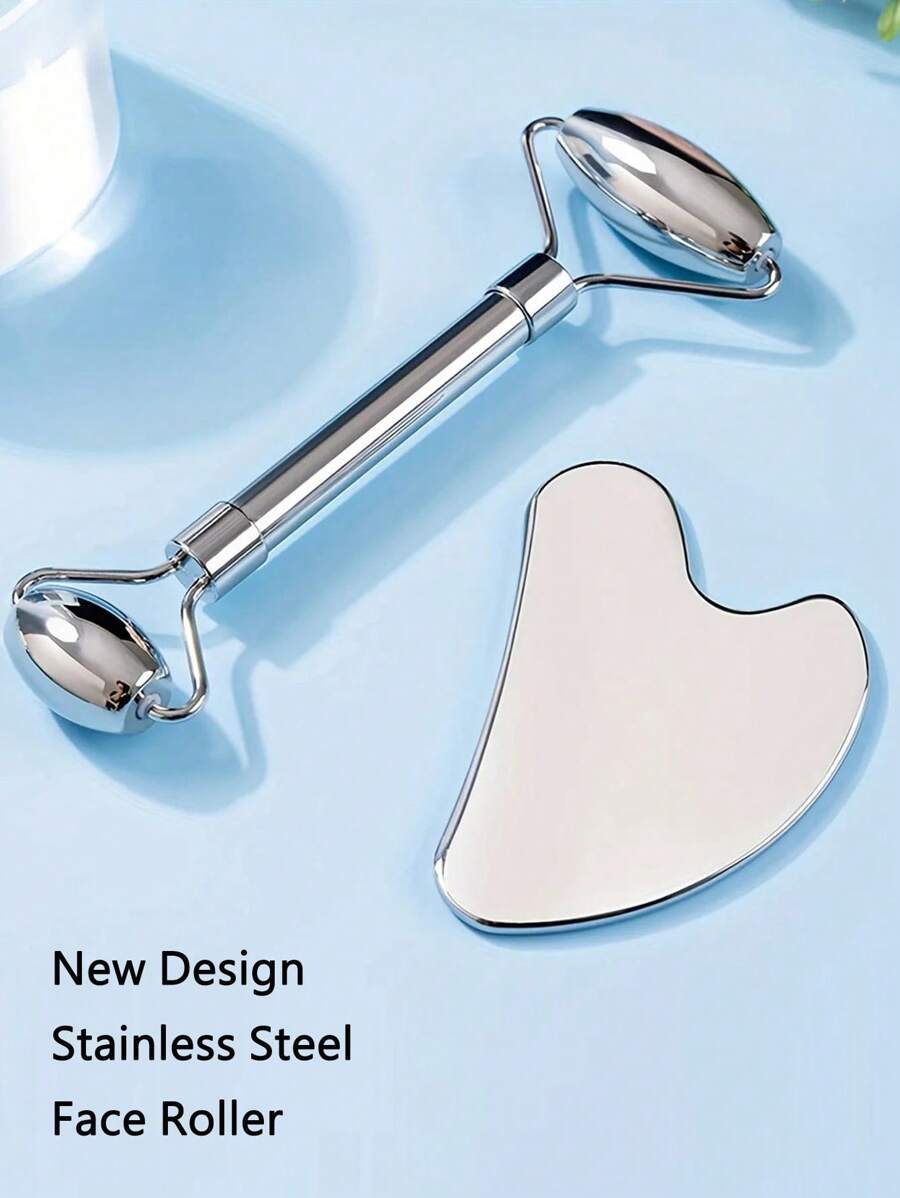 Zestaw 1/2 szt./zestaw ze stali nierdzewnej, wałek do masażu twarzy i gua sha - metalowy wałek do masażu twarzy, metalowa gua sha, narzędzia do masażu twarzy redukujące obrzęki, drenaż limfatyczny, napięcie twarzy, masażery do pielęgnacji skóry, uroda, produkty do pielęgnacji skóry, spa, pielęgnacja ciała, narzędzia do pielęgnacji skóry, pielęgnacja twarzy, akcesoria kosmetyczne, masaż, narzędzie do masażu twarzy, wałek do masażu twarzy