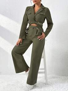 Conjunto de dama fashion tipo cargo con tela de pana y cinturones cruzados - Verde militar - Ver 2